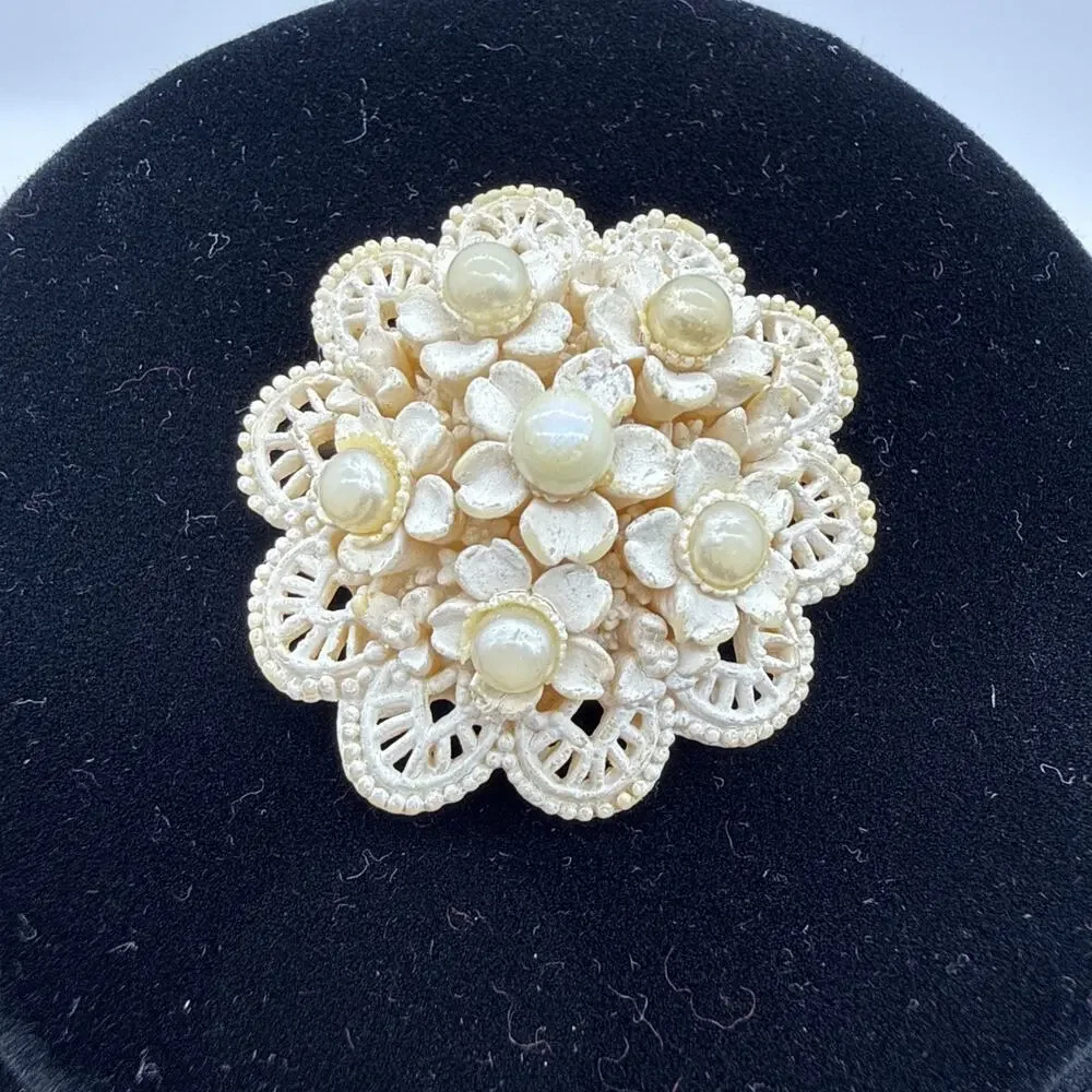 Vintage Celluloid Brooch Carved Floral Openwork Lace Pin With Pearls READ